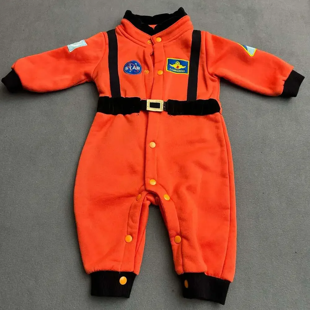 Baby Infant Orange Astronaut Space Suit Fleece Jumpsuit Costume Romper